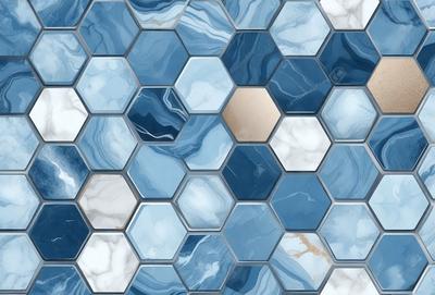 The primary subject of the image is a blue and white hexagonal tile pattern. The setting is a bathroom, with the tiles covering the walls and floor. The visual style is a close-up of the tiles, showcasing their intricate design. The dominant colors are blue and white, creating a clean and calming atmosphere.