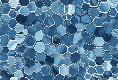 The primary subject of the image is a close-up of a blue and white patterned surface, which appears to be a tile or a piece of artwork. The setting is a blue background, and the visual style is a combination of a photo and digital art. The colors and mood of the image are predominantly blue and white, creating a calm and serene atmosphere.