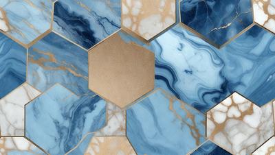 The primary subject of the image is a blue and white marble tile with a gold border. The setting is a bathroom, and the visual style is a photo. The dominant colors are blue, white, and gold, creating a clean and elegant atmosphere.