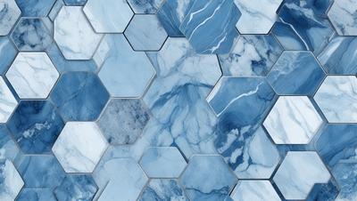 The primary subject of the image is a blue marble tile with a hexagonal pattern. The setting is a bathroom, and the visual style is a photo. The dominant colors are blue and white, creating a calm and soothing atmosphere.