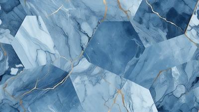 The primary subject of the image is a blue and gold marble pattern. The setting is a blue and white marble surface, which serves as the background. The visual style is a combination of digital art and illustration, creating a unique and eye-catching design. The dominant colors are blue and gold, giving the image a luxurious and elegant appearance.