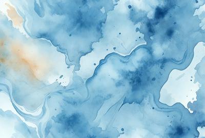 The primary subject of the image is a blue and white painting of a cloudy sky. The setting is a blue background, and the visual style appears to be a watercolor painting. The colors and mood of the painting are predominantly blue and white, creating a serene and calming atmosphere.