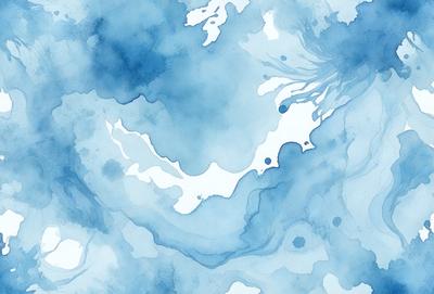 The primary subject of the image is a blue and white water-like scene, possibly a painting or drawing. The setting is a cloudy sky, and the visual style appears to be a combination of digital art and illustration. The dominant colors are blue and white, creating a serene and calming atmosphere.