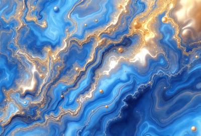 The primary subject of the image is a blue and gold marbled stone. The setting is a close-up of the stone, showcasing its unique pattern and texture. The visual style is a close-up of the marbled stone, which gives it a natural and artistic appearance. The colors and mood of the image are predominantly blue and gold, creating a sense of elegance and sophistication.