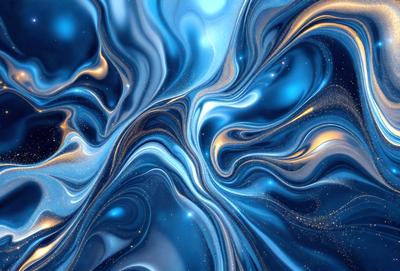 The primary subject of the image is a blue and gold swirling pattern, which appears to be a digital art or illustration. The setting is a blue background, and the visual style is a combination of digital art and illustration. The dominant colors are blue and gold, creating a vibrant and lively atmosphere.