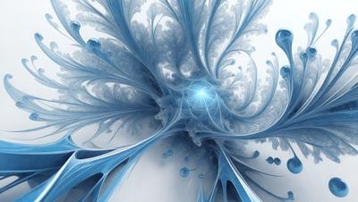 The primary subject of the image is a blue and white flower with a blue background. The visual style appears to be a digital art or illustration, as the flower is depicted in a detailed and intricate manner. The colors and mood of the image are predominantly blue, creating a calm and serene atmosphere.