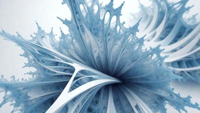 The primary subject of the image is a blue, white, and purple sculpture or artwork. The setting is a white background, which provides a clean and minimalist appearance. The visual style is a combination of digital art and illustration, creating a unique and intricate design. The colors and mood of the image are predominantly blue and purple, giving it a calm and serene atmosphere.