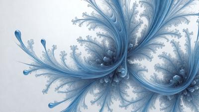 The primary subject of the image is a blue and white flowery design, which appears to be a digital art or illustration. The setting is a white background, and the visual style is a combination of digital art and drawing. The dominant colors are blue and white, creating a calm and serene atmosphere.