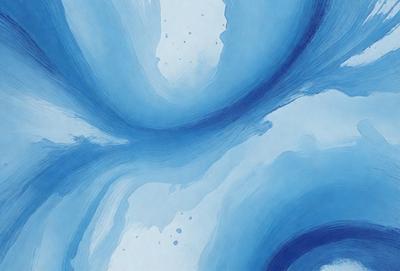 The primary subject of the image is a blue and white painting of a swirling, curved design. The setting is a blue background, and the visual style appears to be a combination of digital art and illustration. The dominant colors are blue and white, creating a sense of calmness and tranquility.