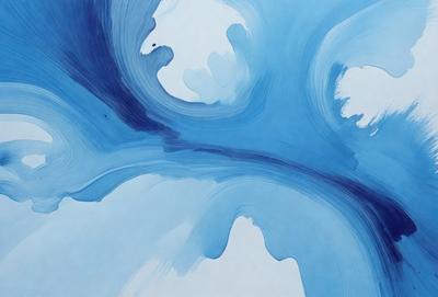 The primary subject of the image is a painting of a blue ocean with white waves. The setting is a white background, and the visual style is a digital art or illustration. The dominant colors are blue and white, creating a serene and calming atmosphere.