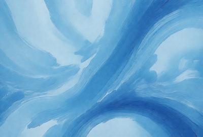 The primary subject of the image is a blue and white painting of a tree. The setting is a blue background, and the visual style appears to be a digital art or illustration. The dominant colors in the painting are blue and white, creating a calm and serene atmosphere.