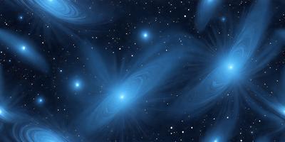 The primary subject of the image is a blue and purple nebula, which is a celestial object. The setting is a night sky, with the nebula as the main focus. The visual style is a digital art or illustration, creating a vibrant and colorful scene. The dominant colors are blue and purple, giving the image a serene and peaceful atmosphere.