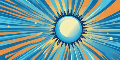 The primary subject of the image is a blue sun, which is the main focus of the scene. The sun is depicted as a large, round, and bright object, with a yellow background. The visual style of the image is a combination of digital art and illustration, creating a vibrant and colorful atmosphere. The dominant colors in the image are blue and yellow, with the blue sun being the most prominent feature.