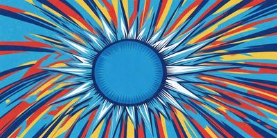 The primary subject of the image is a blue circle, which appears to be a sun or a light source. The setting is a colorful, abstract background with a mix of blue, yellow, and red hues. The visual style is a combination of digital art and illustration, creating a vibrant and dynamic scene. The overall atmosphere is lively and energetic, with the blue circle as the central focus.