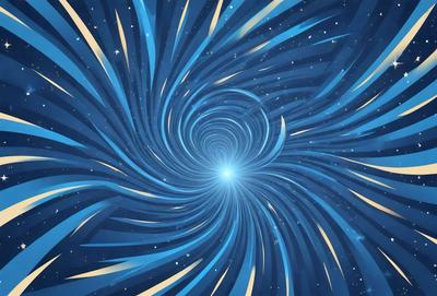 The primary subject of the image is a spiral or vortex, which is a blue and gold swirl. The setting is a night sky, and the visual style is digital art. The colors and mood of the image are vibrant and energetic, with the blue and gold colors creating a sense of movement and dynamism.