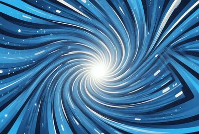 The primary subject of the image is a spiral or vortex, which is a blue and white swirl. The setting is a space background, and the visual style is digital art. The dominant colors are blue and white, creating a sense of depth and motion in the spiral.