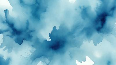 The primary subject of the image is a blue and white painting of a leaf. The setting is a blue background, and the visual style appears to be a watercolor painting. The colors and mood of the painting are predominantly blue and white, creating a serene and calming atmosphere.