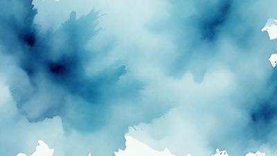 The primary subject of the image is a blue and white painting of a tree. The setting is a cloudy sky, and the visual style appears to be a watercolor painting. The dominant colors are blue and white, creating a calm and serene atmosphere.