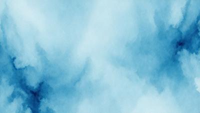 The primary subject of the image is a cloudy blue sky. The setting is a vast, open space with no visible landmarks or objects. The visual style is a watercolor painting, which gives the image a soft, dreamy atmosphere. The dominant colors are blue and white, with the blue sky being the most prominent feature.