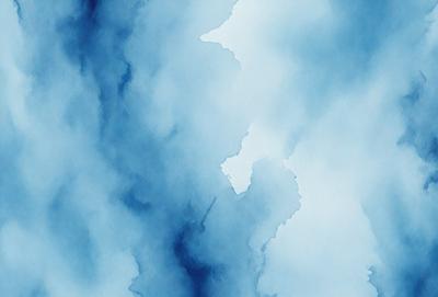 The primary subject of the image is a cloudy blue sky. The setting is a cloudy sky with a blue hue, creating a serene and calming atmosphere. The visual style is a painting, which adds an artistic and creative touch to the scene. The colors and mood convey a sense of tranquility and peacefulness.