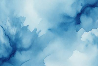 The primary subject of the image is a blue and white painting of a cloudy sky. The setting is a cloudy sky, and the visual style is a painting. The dominant colors are blue and white, creating a calm and serene atmosphere.