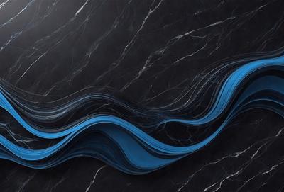 The primary subject of the image is a blue wave or flowing water, which is the main focus of the image. The setting is a black marble wall, which serves as the backdrop for the blue wave. The visual style of the image is digital art, as it appears to be a digital illustration or drawing of the blue wave. The dominant colors in the image are blue and black, creating a sense of depth and contrast.