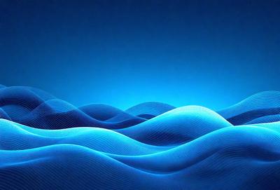 The primary subject of the image is a blue ocean with waves. The setting is a dark blue sky, creating a contrasting backdrop. The visual style is a digital art or illustration, as the waves are depicted in a patterned and textured manner. The colors and mood of the image are predominantly dark and moody, with the blue ocean and sky creating a serene and dramatic atmosphere.