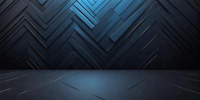 The primary subject of the image is a blue wall with a pattern of black and white squares. The setting is a room with a black floor, and the visual style appears to be a photo. The dominant colors are blue and black, creating a modern and sleek atmosphere.