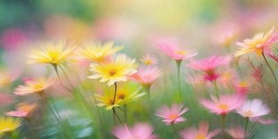 The primary subject of the image is a field of colorful flowers, including yellow, pink, and purple. The setting is a lush, green field with a variety of flowers scattered throughout. The visual style is a vibrant, colorful, and artistic representation of the flowers. The dominant colors and overall atmosphere are bright, cheerful, and full of life.