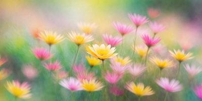 The primary subject of the image is a single yellow flower, which is the focal point of the scene. The flower is surrounded by a field of pink and yellow flowers, creating a vibrant and colorful atmosphere. The setting appears to be a garden or a natural environment, with the flowers blooming in the grass. The visual style of the image is a combination of photo and digital art, giving it a unique and artistic appearance. The dominant colors in the image are yellow, pink, and yellow, creating a cheerful