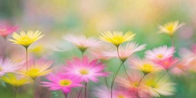 The primary subject of the image is a group of colorful flowers, predominantly pink and yellow, with some purple and white flowers as well. The flowers are arranged in a field, creating a vibrant and lively scene. The setting is a grassy area, providing a natural and serene backdrop for the flowers. The visual style of the image is a combination of photo and digital art, resulting in a beautiful and eye-catching display of color and detail. The colors and mood of the image are pre