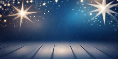The primary subject of the image is a wooden floor with a blue background. The setting appears to be a stage or a room with a blue sky. The visual style is a photo, and the colors and mood are predominantly blue, creating a calm and serene atmosphere.
