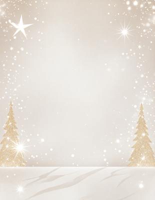 The primary subject of the image is a white background with a single tree in the foreground. The tree is decorated with gold stars, giving it a festive appearance. The setting is a winter scene, with snow covering the ground. The visual style is a combination of digital art and illustration, creating a unique and eye-catching design. The colors and mood of the image are predominantly white and gold, giving it a warm and celebratory atmosphere.