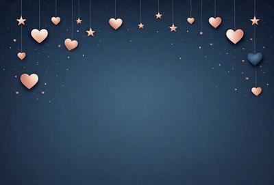 The primary subject of the image is a blue background with a row of hearts hanging from the top. The hearts are in various sizes and are scattered across the background. The setting appears to be a dark room, and the visual style is a combination of digital art and illustration. The dominant colors are blue and pink, creating a calm and serene atmosphere.