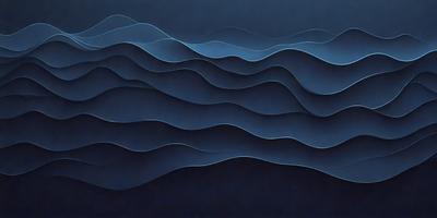 The primary subject of the image is a blue ocean with waves. The setting is a dark blue background, which creates a moody atmosphere. The visual style is a digital art or illustration, as the waves are depicted in a detailed and artistic manner. The colors and mood of the image are predominantly dark and dramatic, with the blue ocean and waves as the main focus.