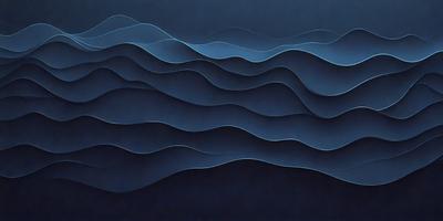 The primary subject of the image is a blue ocean with waves. The setting is a dark blue background, which creates a moody atmosphere. The visual style is a digital art or illustration, as the waves are depicted in a detailed and artistic manner. The colors and mood of the image are predominantly dark and dramatic, with the blue ocean waves being the main focus.