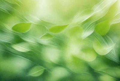 The primary subject of the image is a close-up of green leaves, creating a vibrant and lush atmosphere. The setting is a forest, with the leaves being the main focus of the scene. The visual style is a combination of a photo and digital art, as the leaves are captured in a detailed and artistic manner. The colors and mood of the image are predominantly green, with a sense of freshness and natural beauty.