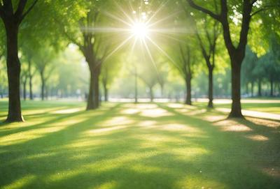 The primary subject of the image is a lush green park with a sunny day. The setting is a grassy field surrounded by trees, creating a serene and peaceful atmosphere. The visual style is a photo, capturing the natural beauty of the park and the sunlight filtering through the trees. The colors and mood are predominantly green, with the sunlight adding warmth and brightness to the scene.