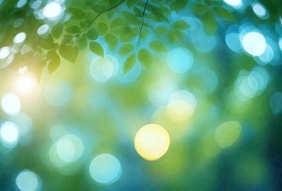 The primary subject of the image is a bright, colorful, and lively scene featuring a tree with green leaves. The setting is a sunny day, and the visual style is a combination of a photo and digital art. The colors and mood of the image are vibrant and cheerful, with the bright sunlight creating a warm and inviting atmosphere.