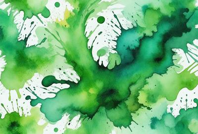 The primary subject of the image is a green leaf with white spots, which is the main object, scene, or focus of the image. The setting/background features a green and white painting, which suggests that the image is a digital art or illustration. The visual style is artistic and creative, with the green leaf and white spots being the main elements of the composition. The colors and mood of the image are predominantly green and white, creating a calm and serene atmosphere.