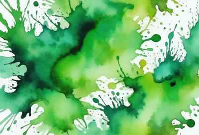 The primary subject of the image is a green and white painting of a leafy plant. The setting is a green background, and the visual style appears to be a watercolor painting. The colors and mood of the painting are predominantly green and white, creating a serene and natural atmosphere.