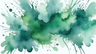 The primary subject of the image is a green watercolor painting of a leaf. The setting is a white background, and the visual style is a watercolor painting. The dominant colors are green and blue, creating a calm and serene atmosphere.