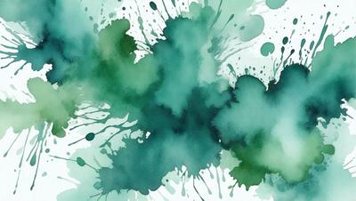 The primary subject of the image is a green and blue watercolor painting of a leaf. The setting is a watercolor painting, and the visual style is a watercolor painting. The dominant colors are green and blue, creating a calm and serene atmosphere.