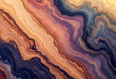 The primary subject of the image is a close-up of a colorful, swirling, and intricate pattern. The setting is a wooden surface, possibly a table or a piece of artwork. The visual style appears to be a combination of a photo and a digital artwork, as the colors and patterns are vibrant and detailed. The dominant colors in the image are purple, orange, and blue, creating a lively and captivating atmosphere.