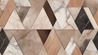 The primary subject of the image is a patterned tile with a combination of wood and marble elements. The setting is a room with a marble floor, and the visual style is a mix of digital art and illustration. The dominant colors are brown, white, and gray, creating a warm and natural atmosphere.