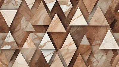 The primary subject of the image is a pattern of triangles made of marble. The setting is a marble surface, and the visual style is a combination of photo and digital art. The colors and mood of the image are predominantly brown and earthy, giving it a natural and elegant appearance.