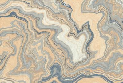 The primary subject of the image is a blue and brown marbled pattern, which is the main focus of the image. The setting is a wooden surface, and the visual style appears to be a combination of a photo and a digital art or illustration. The dominant colors in the image are blue and brown, creating a warm and earthy atmosphere.