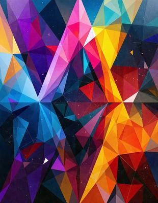 The primary subject of the image is a colorful, geometric pattern. The setting is a dark, starry background, which contrasts with the vibrant colors of the pattern. The visual style is a combination of digital art and illustration, creating a unique and eye-catching design. The dominant colors are a mix of red, orange, yellow, and blue, giving the pattern a lively and energetic atmosphere.