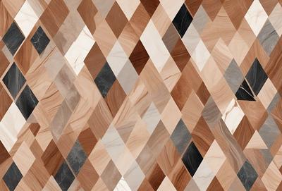 The primary subject of the image is a patterned floor made of wood and marble. The setting is a room with a wooden floor, and the visual style is a combination of photo and digital art. The colors and mood of the image are predominantly brown and black, giving it a warm and sophisticated atmosphere.