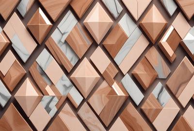 The primary subject of the image is a wall made of marble, featuring a pattern of triangles. The setting is a room with a marble wall, and the visual style is a close-up of the marble wall. The colors and mood of the image are predominantly neutral, with the marble providing a natural and elegant appearance.